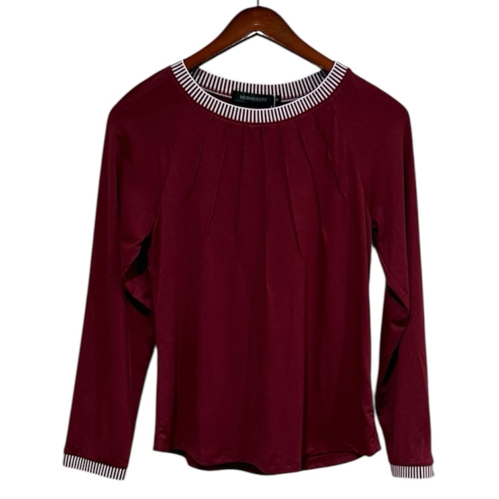 Burgundy Long Sleeve Top Size Small Pleated Accents